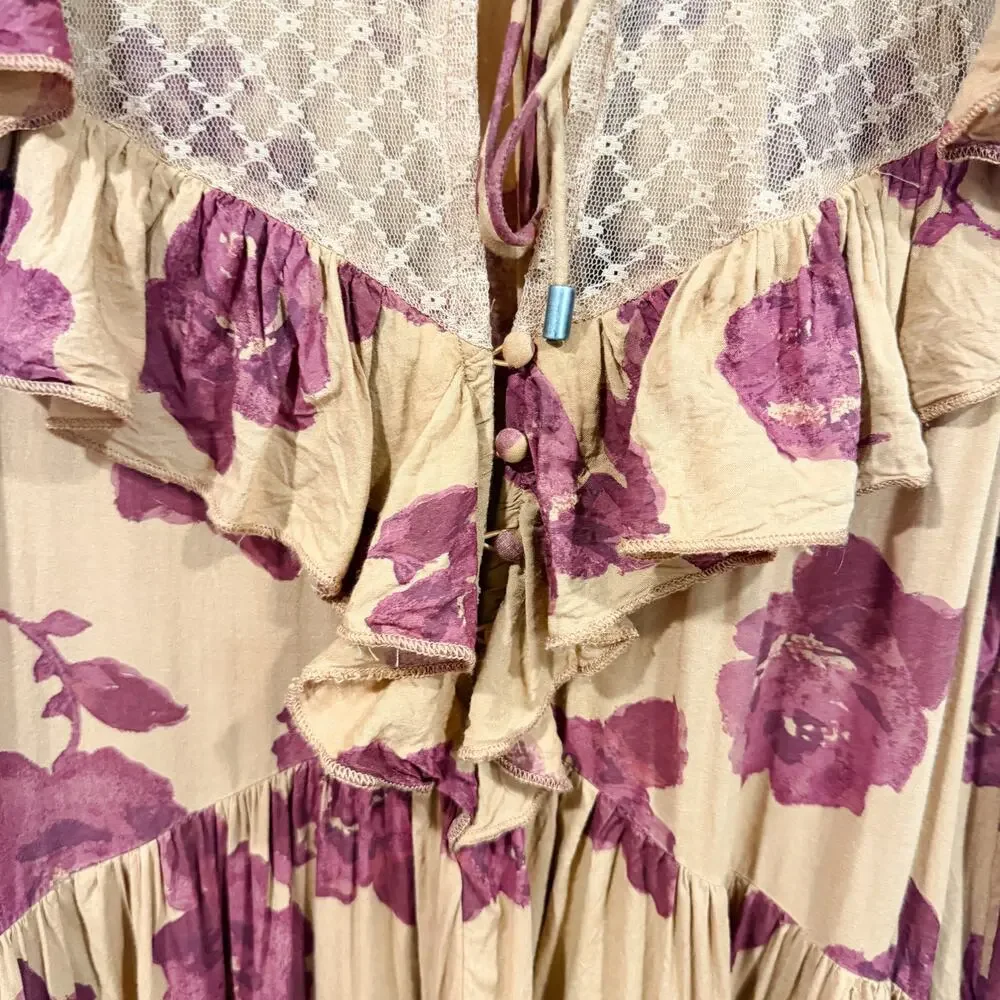 Free People Tilly Tunic Mini Dress Medium Floral Lace Fall Boho EUC